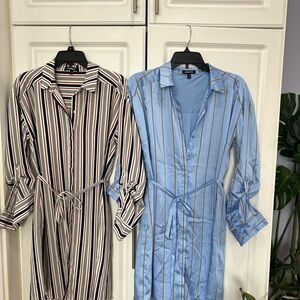 Express Blue Striped Midi Shirt Dress with Self Tie